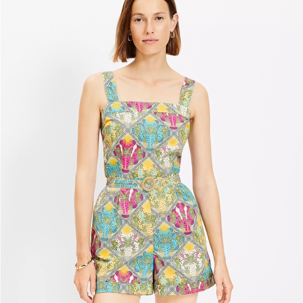 LOFT Tropical Palm Print Belted Romper Size 10 Multicolor Summer Vacation NWOT